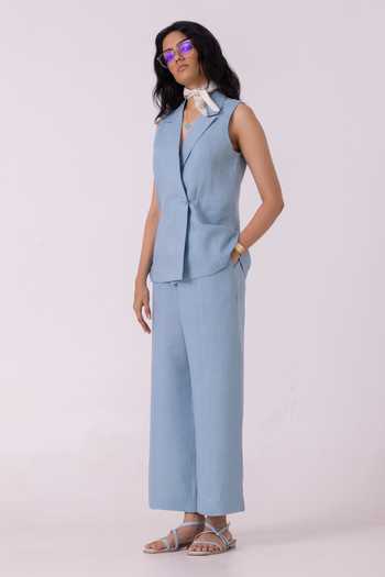 The Summer House_Blue Linen Shawl Neck Serena Vest _at_Aza_Fashions