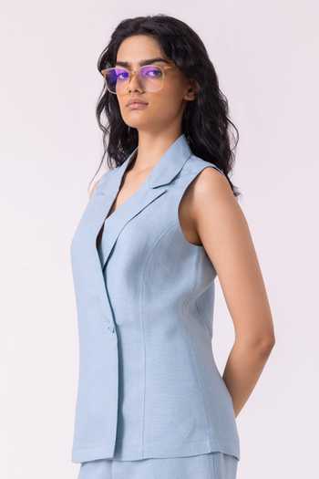 Buy_The Summer House_Blue Linen Shawl Neck Serena Vest 