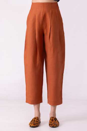 The Summer House_Orange Linen Bandra Rust Pant _Online_at_Aza_Fashions