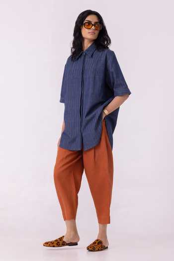 The Summer House_Orange Linen Bandra Rust Pant _at_Aza_Fashions