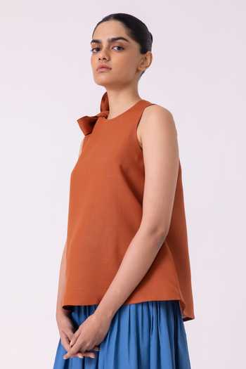 Buy_The Summer House_Orange Linen Halter Neck Rust Top _Online_at_Aza_Fashions