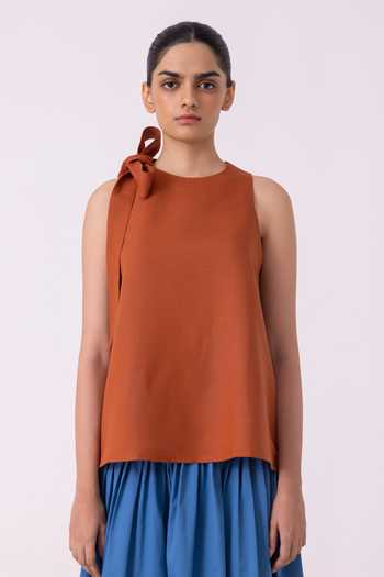 The Summer House_Orange Linen Halter Neck Rust Top _at_Aza_Fashions