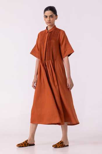 The Summer House_Orange Linen Collared Minerva Rust Shirt Dress _Online_at_Aza_Fashions
