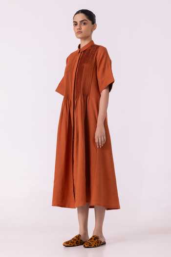 Buy_The Summer House_Orange Linen Collared Minerva Rust Shirt Dress _Online_at_Aza_Fashions