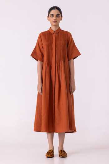 Shop_The Summer House_Orange Linen Collared Minerva Rust Shirt Dress _Online_at_Aza_Fashions