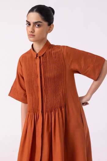 The Summer House_Orange Linen Collared Minerva Rust Shirt Dress _at_Aza_Fashions