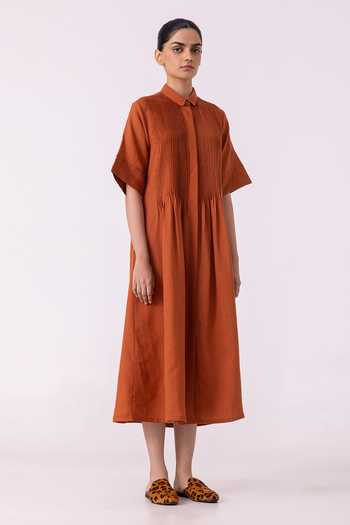 Buy_The Summer House_Orange Linen Collared Minerva Rust Shirt Dress 