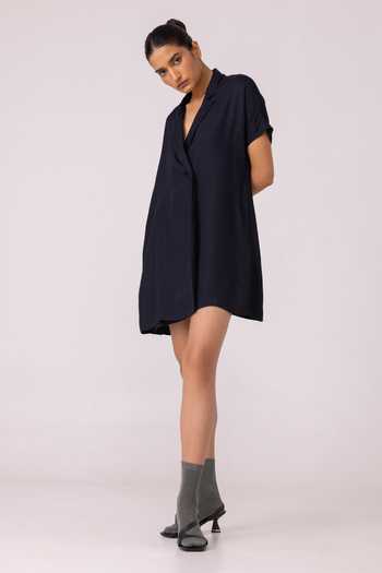 The Summer House_Black Satin Collared Amy Blazer Dress _Online_at_Aza_Fashions