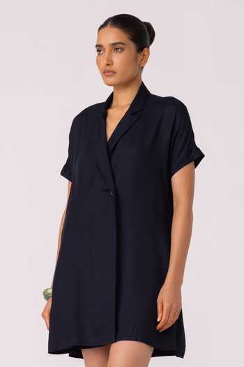 The Summer House_Black Satin Collared Amy Blazer Dress _at_Aza_Fashions