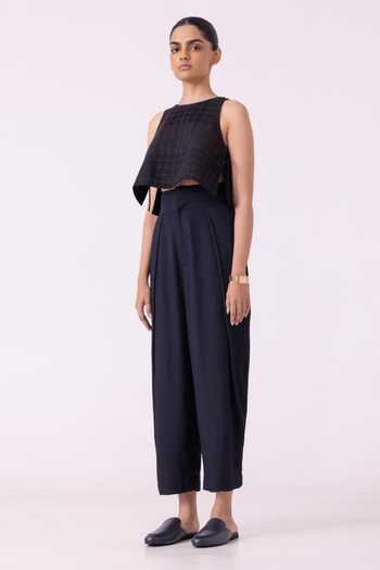 The Summer House_Black Satin Elinor Barrel Pant _Online_at_Aza_Fashions