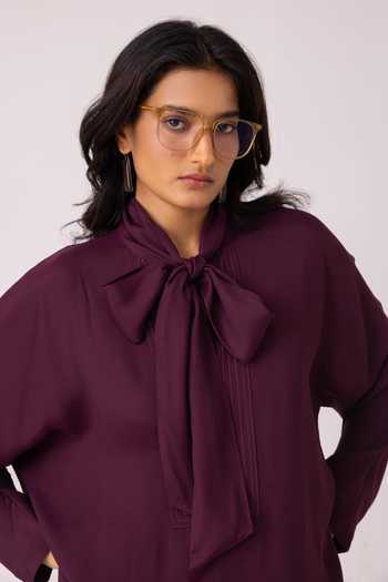 The Summer House_Wine Satin High Neck Celie Tie Up Top _Online_at_Aza_Fashions