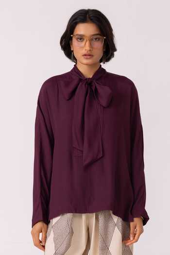 Buy_The Summer House_Wine Satin High Neck Celie Tie Up Top _Online_at_Aza_Fashions