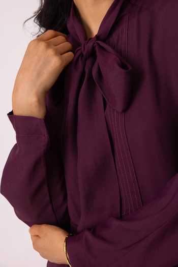 Shop_The Summer House_Wine Satin High Neck Celie Tie Up Top _Online_at_Aza_Fashions