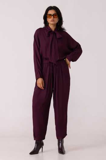 The Summer House_Wine Satin High Neck Celie Tie Up Top _at_Aza_Fashions