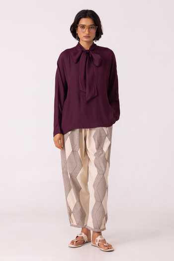 Shop_The Summer House_Wine Satin High Neck Celie Tie Up Top 