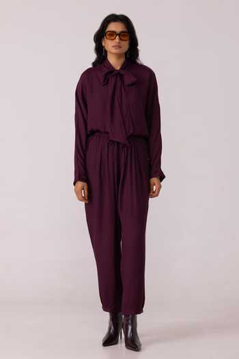The Summer House_Wine Satin Sonja Barrel Pant _Online_at_Aza_Fashions
