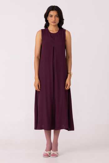 The Summer House_Wine Satin Round Neck Brooke Midi Dress _Online_at_Aza_Fashions