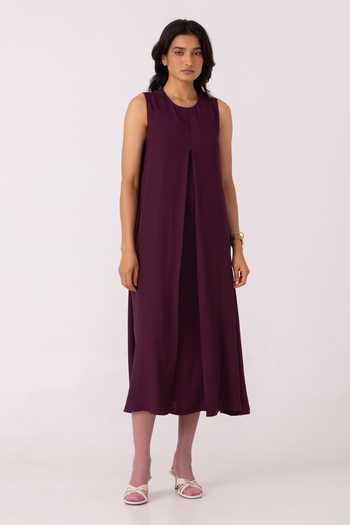 Buy_The Summer House_Wine Satin Round Neck Brooke Midi Dress _Online_at_Aza_Fashions