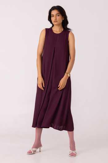The Summer House_Wine Satin Round Neck Brooke Midi Dress _at_Aza_Fashions