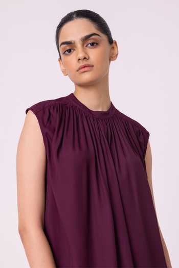The Summer House_Wine Satin Mandarin Collar Louisa Top _Online_at_Aza_Fashions
