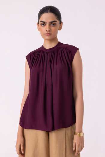 Buy_The Summer House_Wine Satin Mandarin Collar Louisa Top _Online_at_Aza_Fashions