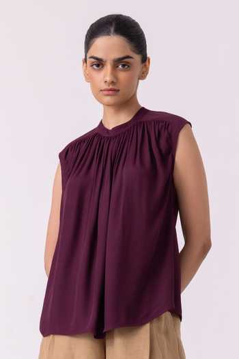 Shop_The Summer House_Wine Satin Mandarin Collar Louisa Top _Online_at_Aza_Fashions
