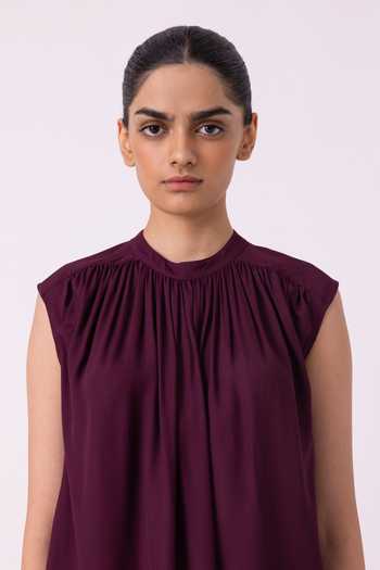 The Summer House_Wine Satin Mandarin Collar Louisa Top _at_Aza_Fashions