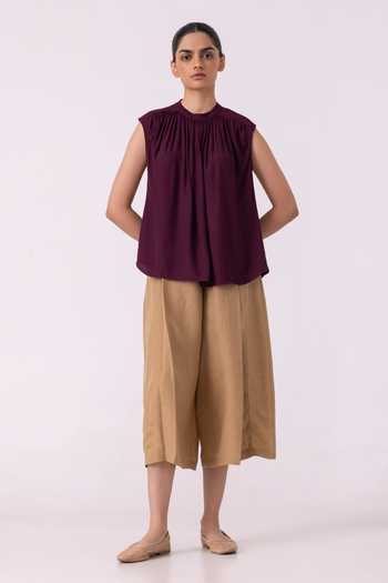 Buy_The Summer House_Wine Satin Mandarin Collar Louisa Top 