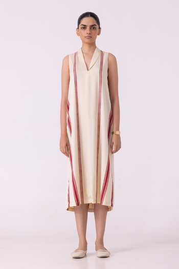 The Summer House_Cream Twill, Tencel Shawl Neck Eileen Red Striped Midi Dress _Online_at_Aza_Fashions