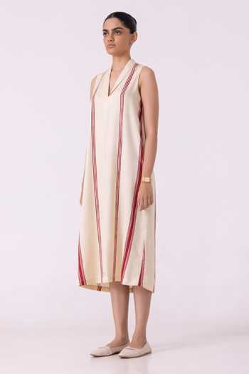 Buy_The Summer House_Cream Twill, Tencel Shawl Neck Eileen Red Striped Midi Dress _Online_at_Aza_Fashions