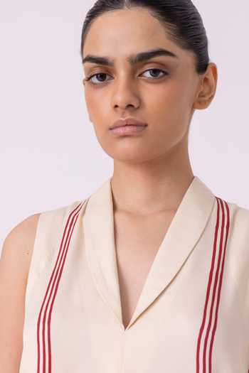 The Summer House_Cream Twill, Tencel Shawl Neck Eileen Red Striped Midi Dress _at_Aza_Fashions