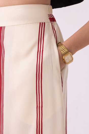 The Summer House_White Twill, Tencel Prynne Red Striped Skirt _at_Aza_Fashions