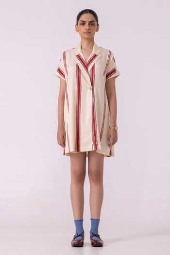 The Summer House_Red Tencel, Twill V-neck, Collared Amy Striped Blazer Dress _Online_at_Aza_Fashions
