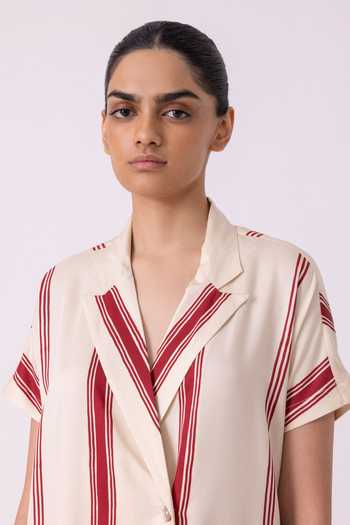 Buy_The Summer House_Red Tencel, Twill V-neck, Collared Amy Striped Blazer Dress _Online_at_Aza_Fashions