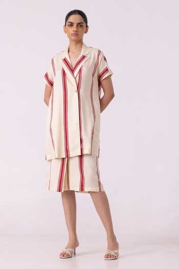 Shop_The Summer House_Red Tencel, Twill V-neck, Collared Amy Striped Blazer Dress _Online_at_Aza_Fashions
