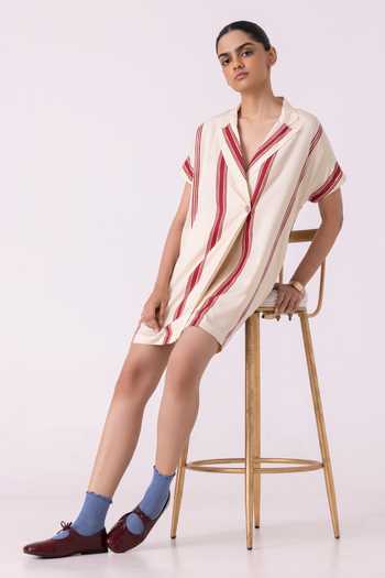 The Summer House_Red Tencel, Twill V-neck, Collared Amy Striped Blazer Dress _at_Aza_Fashions