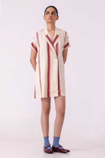 Buy_The Summer House_Red Tencel, Twill V-neck, Collared Amy Striped Blazer Dress 