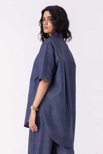 The Summer House_Blue Cotton Collared Ava Handwoven Denim Shirt _Online_at_Aza_Fashions