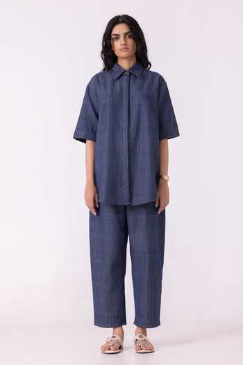 Buy_The Summer House_Blue Cotton Collared Ava Handwoven Denim Shirt _Online_at_Aza_Fashions