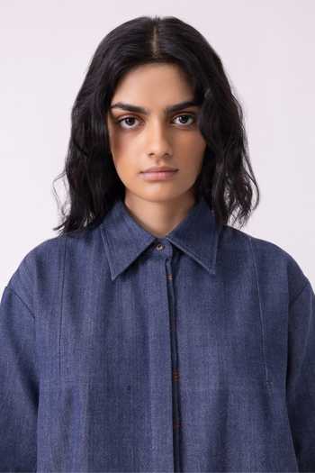 Shop_The Summer House_Blue Cotton Collared Ava Handwoven Denim Shirt _Online_at_Aza_Fashions