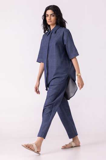The Summer House_Blue Cotton Collared Ava Handwoven Denim Shirt _at_Aza_Fashions