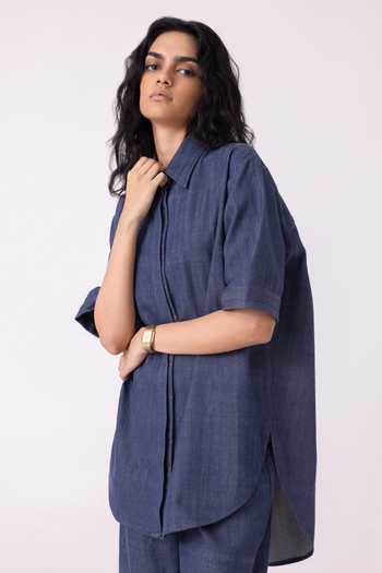Buy_The Summer House_Blue Cotton Collared Ava Handwoven Denim Shirt 