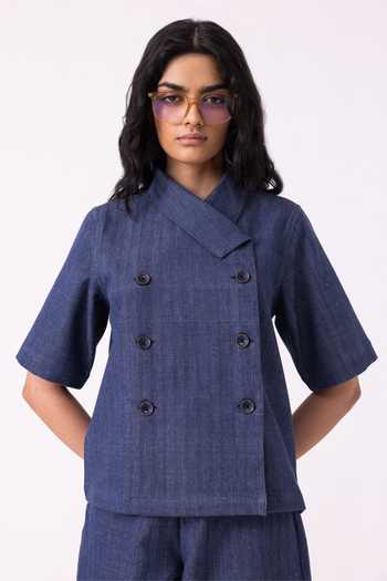 The Summer House Becky Blue Handwoven Denim Top 