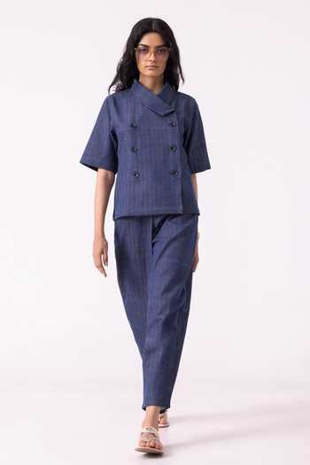 The Summer House_Blue Cotton, Twill Shawl Neck Becky Handwoven Denim Top _Online_at_Aza_Fashions