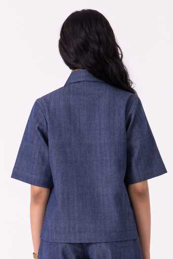The Summer House Becky Blue Handwoven Denim Top 