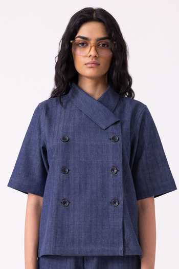 Buy_The Summer House_Blue Cotton, Twill Shawl Neck Becky Handwoven Denim Top _Online_at_Aza_Fashions