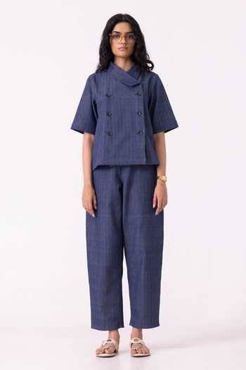 Shop_The Summer House_Blue Cotton, Twill Shawl Neck Becky Handwoven Denim Top _Online_at_Aza_Fashions