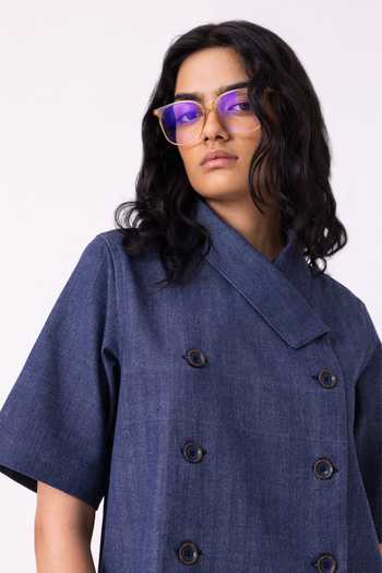 Buy_The Summer House_Blue Cotton, Twill Shawl Neck Becky Handwoven Denim Top 