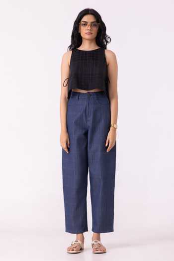 The Summer House_Blue Cotton Katniss Handwoven Denim Barrel Pant _Online_at_Aza_Fashions