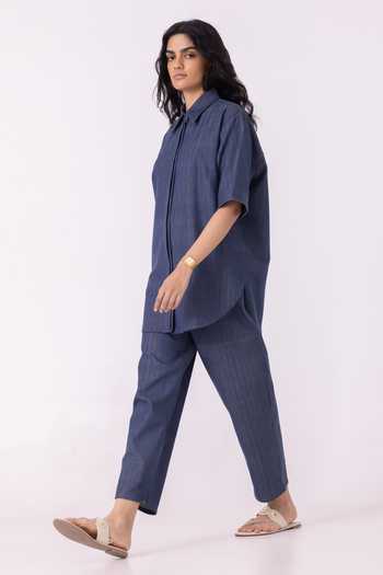 Shop_The Summer House_Blue Cotton Katniss Handwoven Denim Barrel Pant _Online_at_Aza_Fashions
